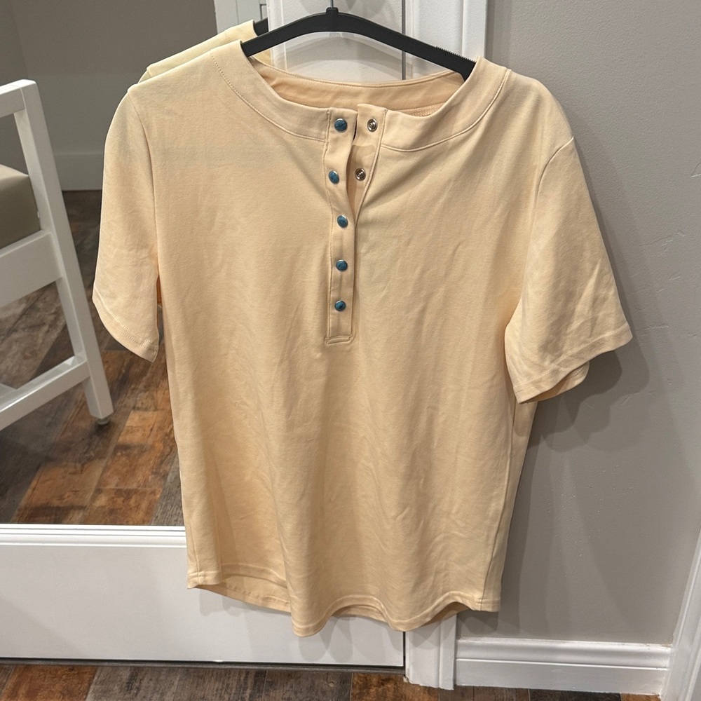 Lucky & Blessed -Henley style short sleeved top with turquoise snaps -